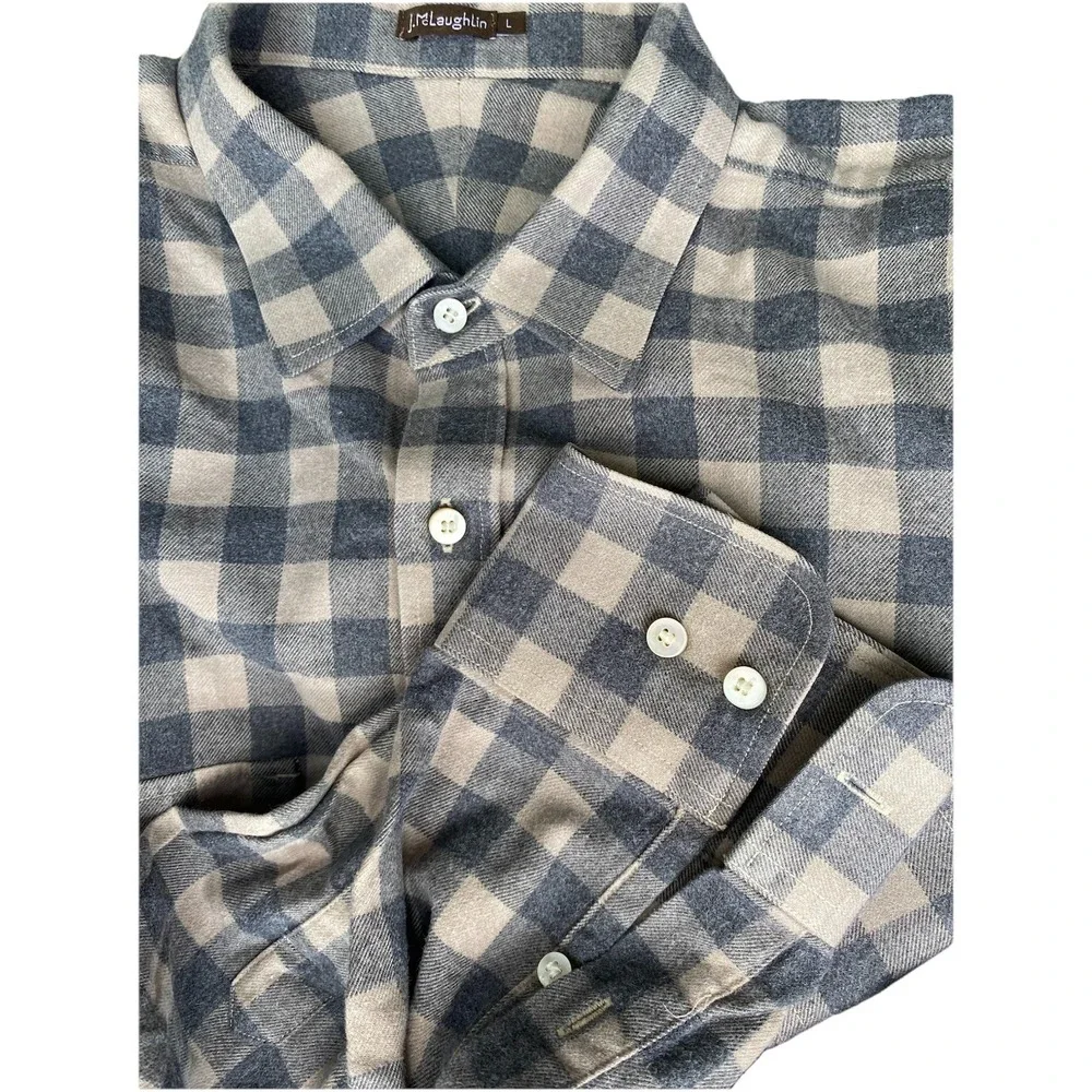 J‎ McLaughlin Flannel Shirt Gray Check 100% Cotton Mens L Gorpcore Bloke Grampa